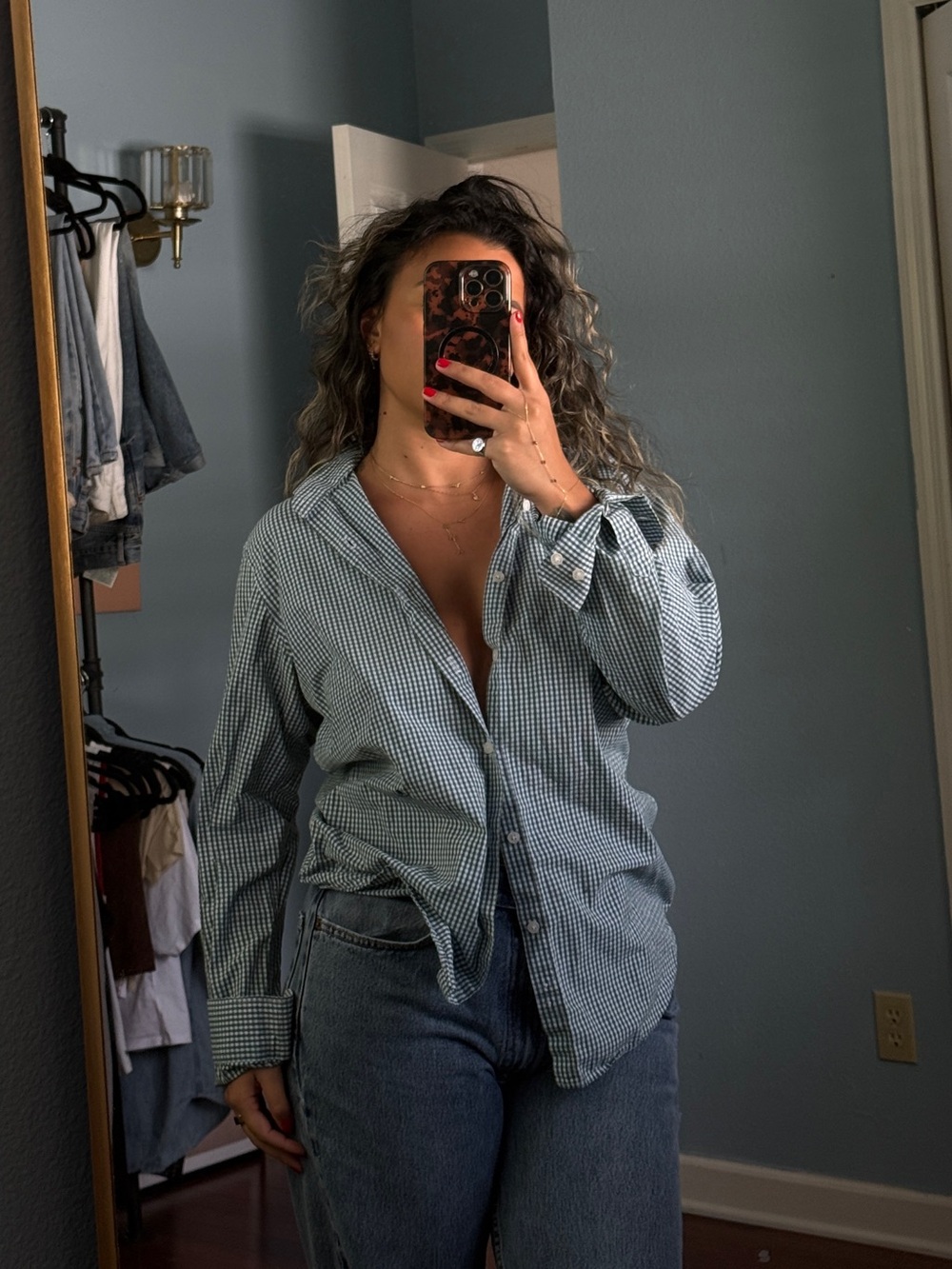 green gingham button down